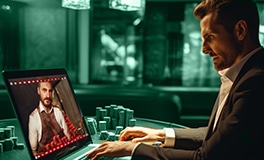 male sitting at a desk playing live casino games on a computer