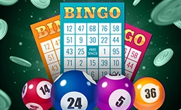 bingo and lottery cards on a green background with coins in mid air and bingo balls placed in the middle