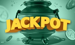 Yellow jackpot text displayed on top of a green pot with coins coming out of it