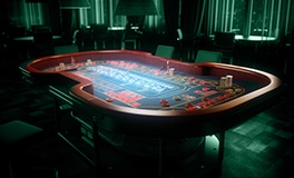 table game with chips and cards on it positioned in the middle of a casino room